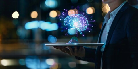 Fototapeta premium Businessperson holding a tablet with AI and machine learning concept graphics