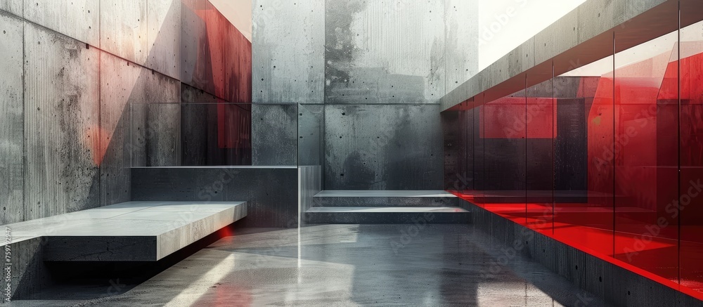 Wall mural Abstract interior design with dark glass, red accents, and sleek concrete surfaces. Architectural backdrop. of modern space.