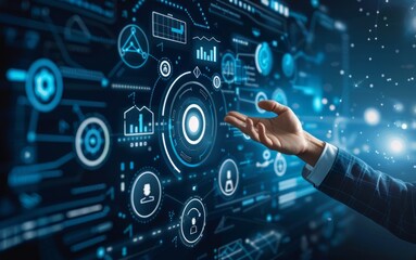 Business professional with virtual goal setting and task management graphics