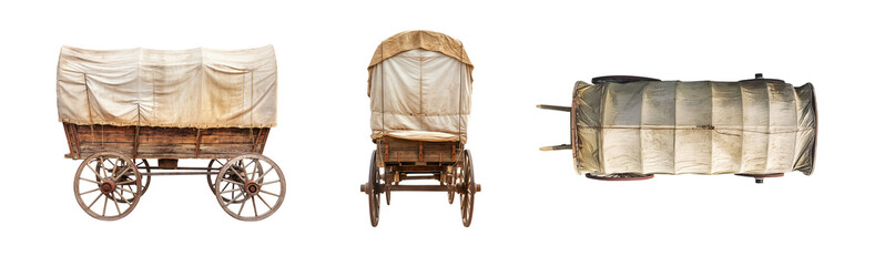 Covered wagon. Pioneer wagon from the 18th and 19th century. Various angles. Side angle, front angle and top angle. Isolated transparent PNG. Conestoga wagon. western expansion of the United States. - obrazy, fototapety, plakaty