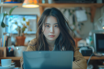 young female asian businesswoman on laptop computer at table in their home