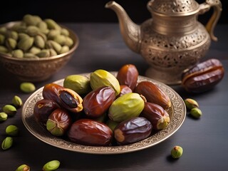 pistachio nuts and date fruits in a bowl