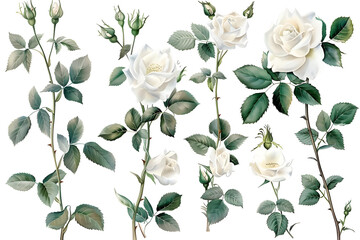 Set of watercolor on floral white rose branches. Wedding concept a white background - obrazy, fototapety, plakaty