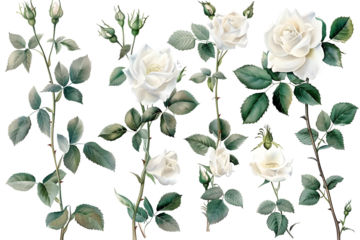 Set of watercolor on floral white rose branches. Wedding concept a white background