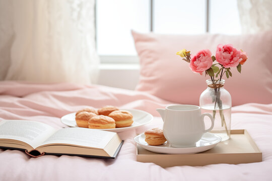 Cozy breakfast in bed with tea, pastries, and an open book on pink bedding. Blooming roses add to the leisurely atmosphere. Concept: Sunday morning self-care.