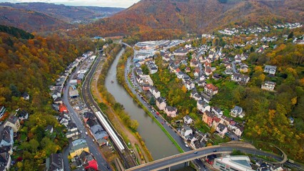  Aerial view around the old town of the city Altena on a cloudy day in autumn in Germany.