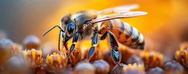 Close up bee flies near a flower collecting nectar in spring created by ai