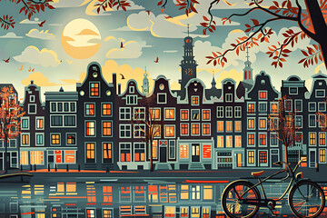 Illustration of Amsterdam canals with bicycles and colorful houses - obrazy, fototapety, plakaty