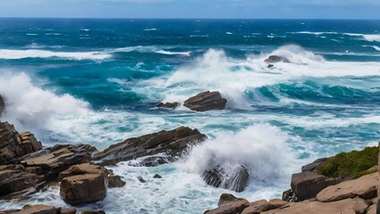 A rocky coastline pounded by crashing waves.