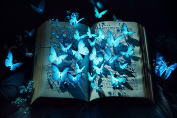 An open magic book in a forest with blue butterflies flying out of it.