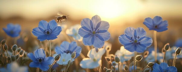 Close up bee flies near a flower collecting nectar in spring created by ai - obrazy, fototapety, plakaty