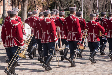 Army brass band in formation during parade ceremony