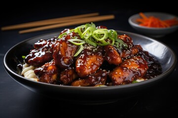 japanese food rice with barbeque chicken served in bowl