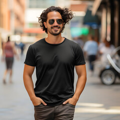 Male Model in Black Shirt in the City - Generative AI