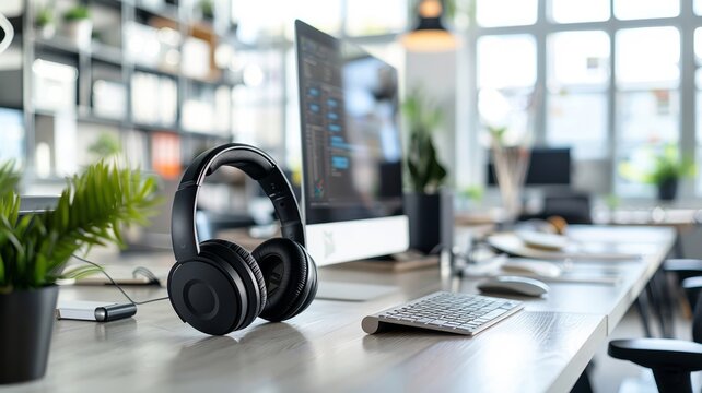 neatly organized desk with a state-of-the-art wireless headset emphasizing modern office essentials