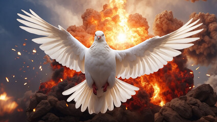 White dove and an explosion with fire on background. Fire or war