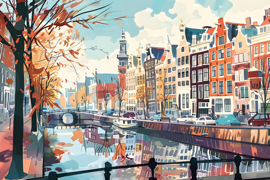 Fototapeta Illustration of Amsterdam canals with bicycles and colorful houses