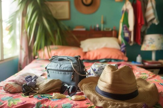 Woman bedroom full of things ready to be taken on summer holiday. generative ai.