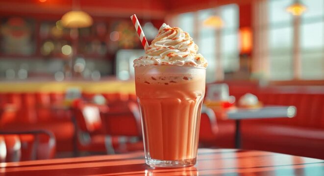 Root beer float, classic diner, retro vibes, striped straw