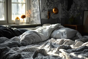 Comfort and Chaos: Messy Bed in Modern Monochrome Bedroom