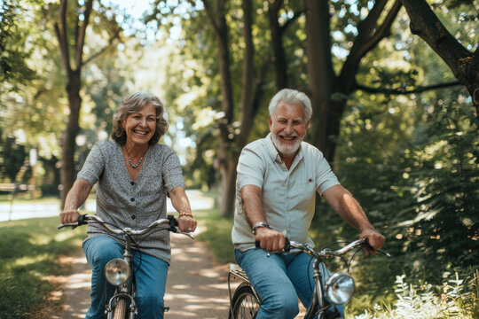 photo of happy senior couple riding bicycles in the park on a summer day