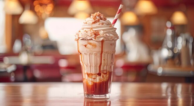 Root beer float, classic diner, retro vibes, striped straw
