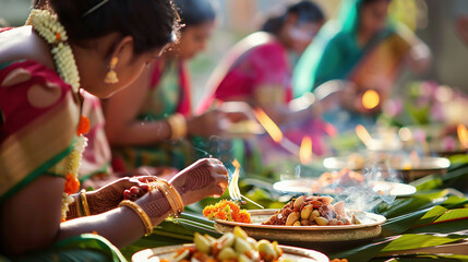 Indian people eating food at dining table outdoor. - obrazy, fototapety, plakaty