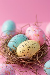 Naklejka na ściany i meble Easter eggs in nest on colored background.