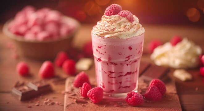 Raspberry and white chocolate milkshake, decadent dessert drink theme