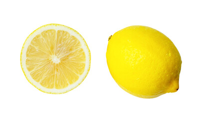 Top view of fresh yellow lemon fruit with some drops and half isolated on white background wiht clipping path