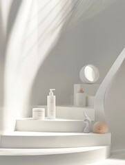 Skincare products display on the podium stair white color minimalism nature ornament shinny bright AI image Generative