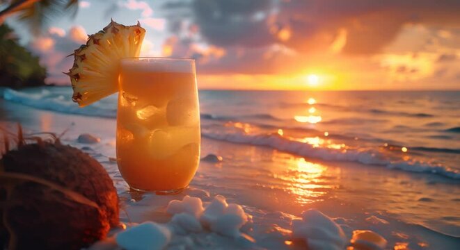 Pina colada, coconut shell, pineapple slice, beach sunset
