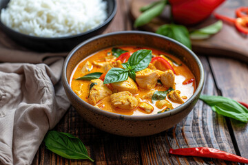 Fototapeta premium Delicious Bowl of Thai Red Curry Chicken on a Wooden Table