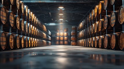 Industrial setting with neatly stacked barrels - obrazy, fototapety, plakaty