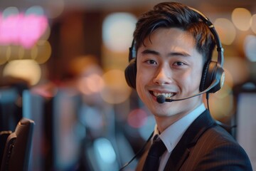Smile face male customer care with headset against a telecommunication office background, man agent consultant with customer, telemarketing, communication.