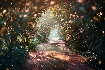 Gardinen enchanted forest path lined with spring blooms and soft light, creating a whimsical, serene mood as if in a fairytale, glitter and sparkle © World of AI