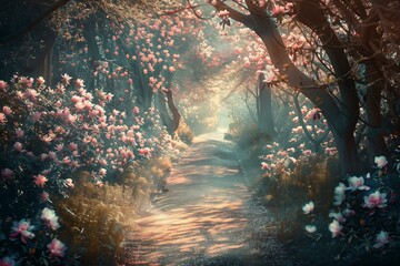 enchanted forest path lined with spring blooms and soft light, creating a whimsical, serene mood as if in a fairytale, glitter and sparkle