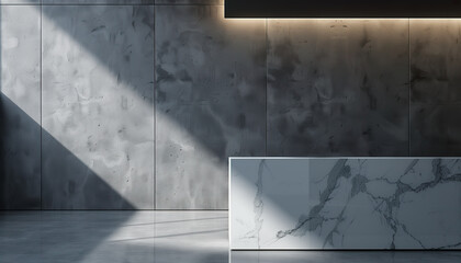 A sleek, white marble podium in a minimalist gallery space, illuminated by soft overhead lighting. 