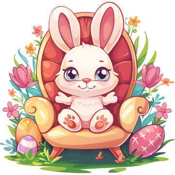 recommend clip art: Easter egg bunny kawaii, sitting on a chair in the egg garden, genesis ai