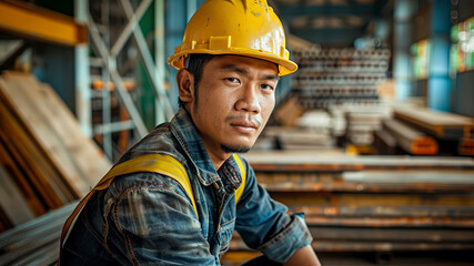portrait of a construction worker in a helmet, construction worker with yellow helmet at the workstation, construction worker doing a work