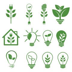 green eco energy concept set, plant growing inside light bulb