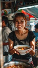 Friendly Street Food Vendor Offering Soup
