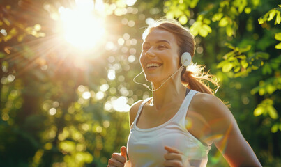 Photo of happy young woman running in park, wearing earphones and white tank top, sunny day, green trees background, natural light