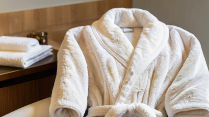 White Cozy Bathrobe Hanging in Hotel Room. Comfortable and Inviting Apparel for Relaxation and Luxury Accommodation. Elegant and Soft Robe Providing Ultimate Comfort for Guests
