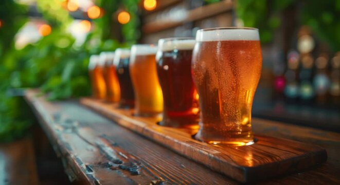 Craft beer flight on wooden paddle, brewery vibes, hops and barley background