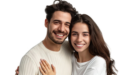 Fototapeta premium Portrait of a Young happy couple hugging and smiling, PNG file of isolated cutout object with on transparent background.
