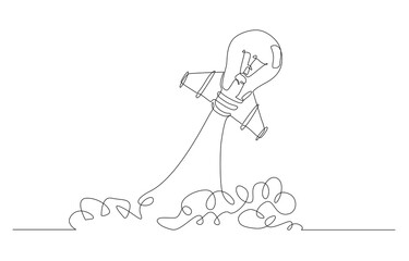 Continuous one line drawing of light bulb rocket soaring to sky, startup idea, innovation to drive business concept, single line art.