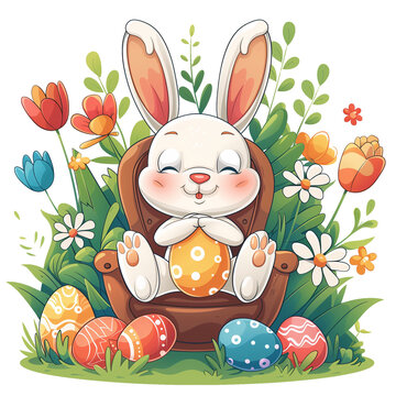 recommend clip art: Easter egg bunny kawaii, sitting on a chair in the egg garden, genesis ai