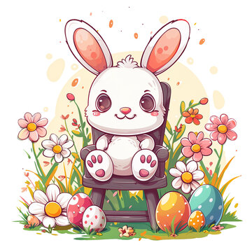 recommend clip art: Easter egg bunny kawaii, sitting on a chair in the egg garden, genesis ai