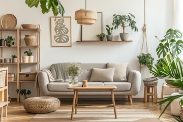 Minimalist Living Room Interior with Stylish Accessories and Elegant Furniture - obrazy, fototapety, plakaty